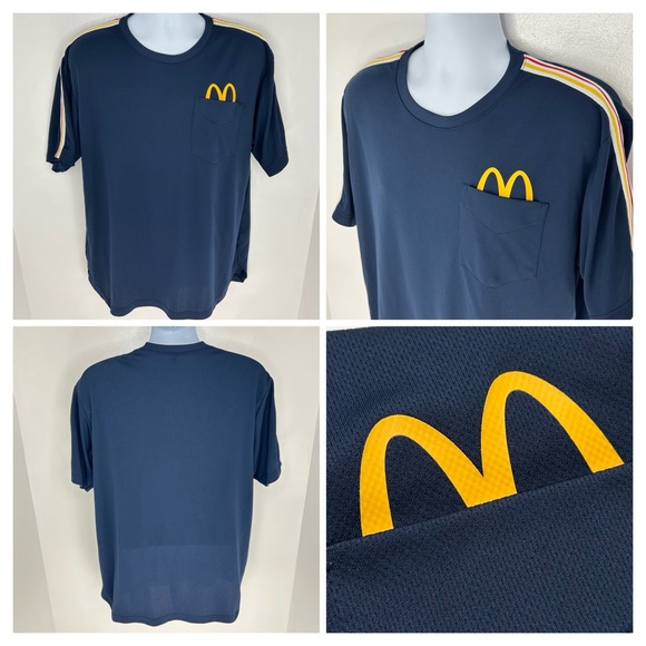 McDonald's Navy Employee Pocket Retro Stripe T Shirt Large Uniform Golden Arches - Picture 1 of 11